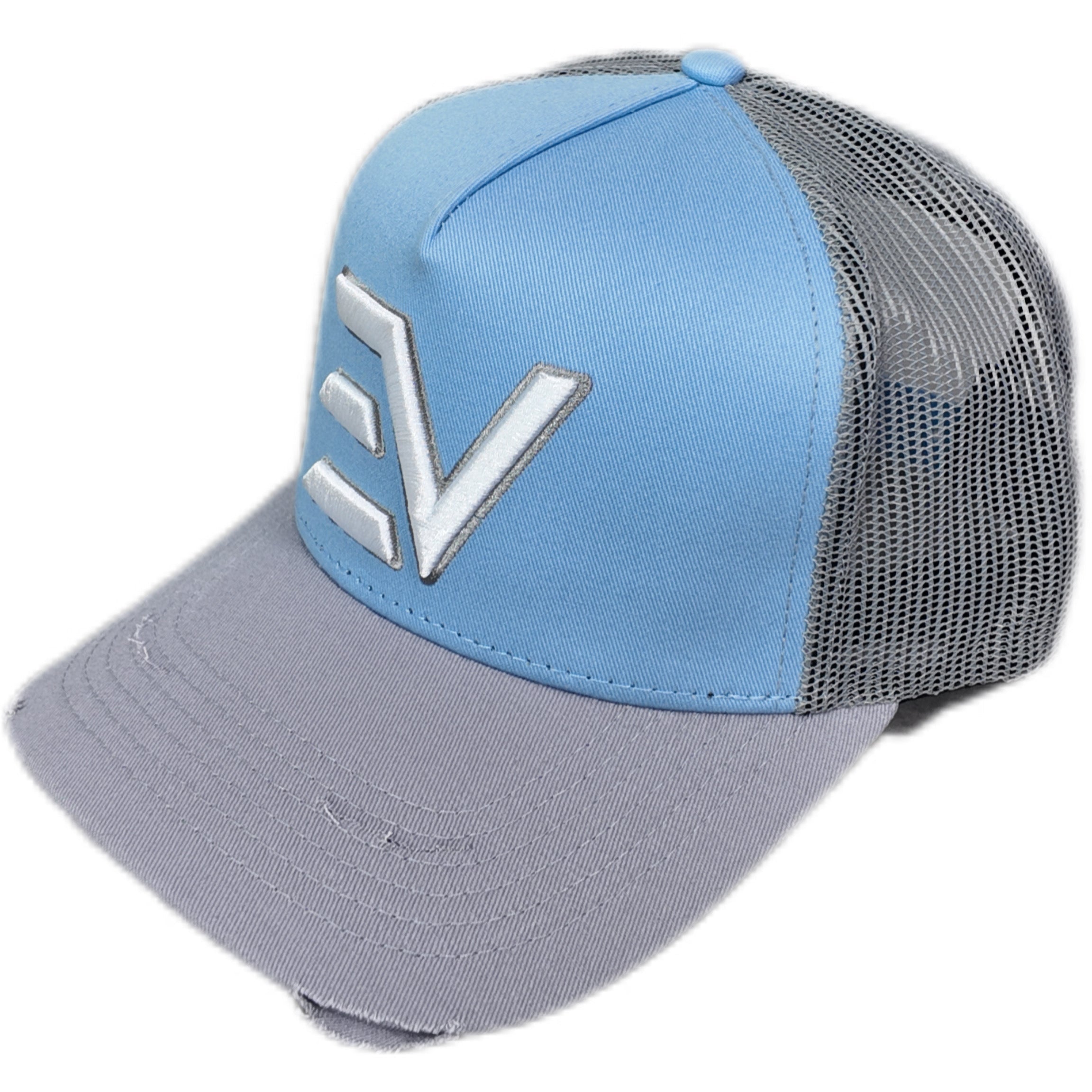 EV Logo Trucker Hat Grey/Baby Blue
